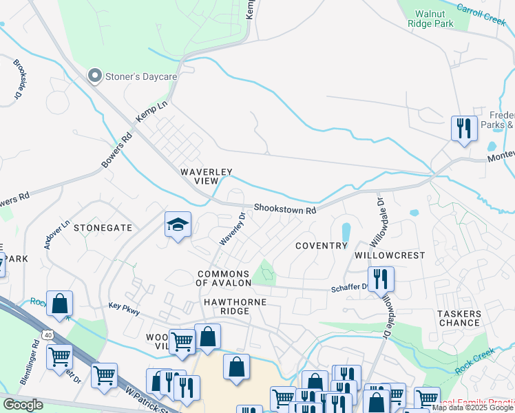 map of restaurants, bars, coffee shops, grocery stores, and more near 1881 Shookstown Road in Frederick