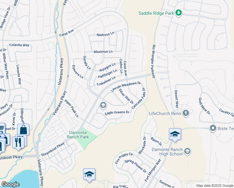 map of restaurants, bars, coffee shops, grocery stores, and more near 10030 Zephyr Heights Drive in Reno