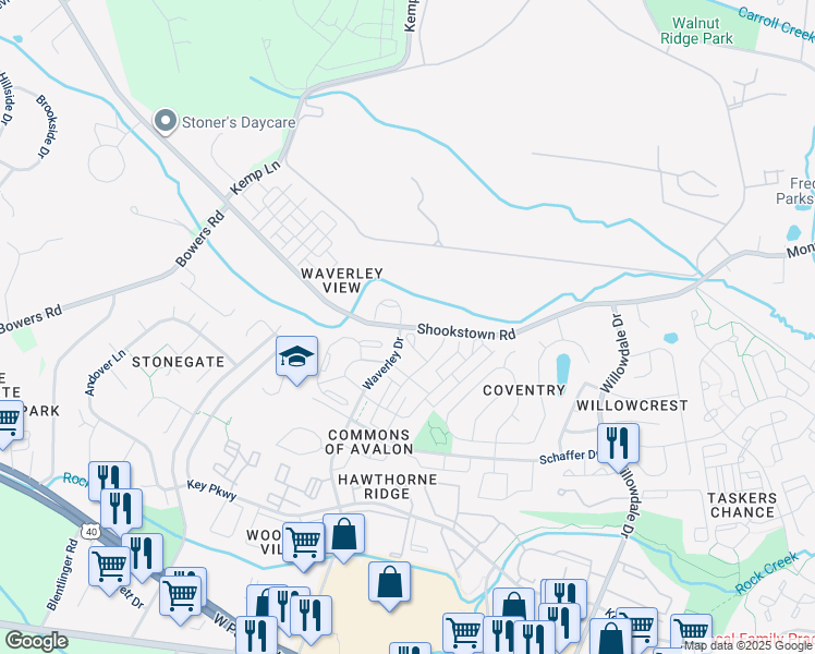 map of restaurants, bars, coffee shops, grocery stores, and more near 1885 Shookstown Road in Frederick