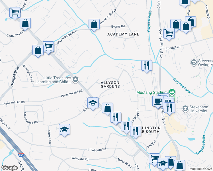 map of restaurants, bars, coffee shops, grocery stores, and more near 14 Enchanted Hills Road in Owings Mills