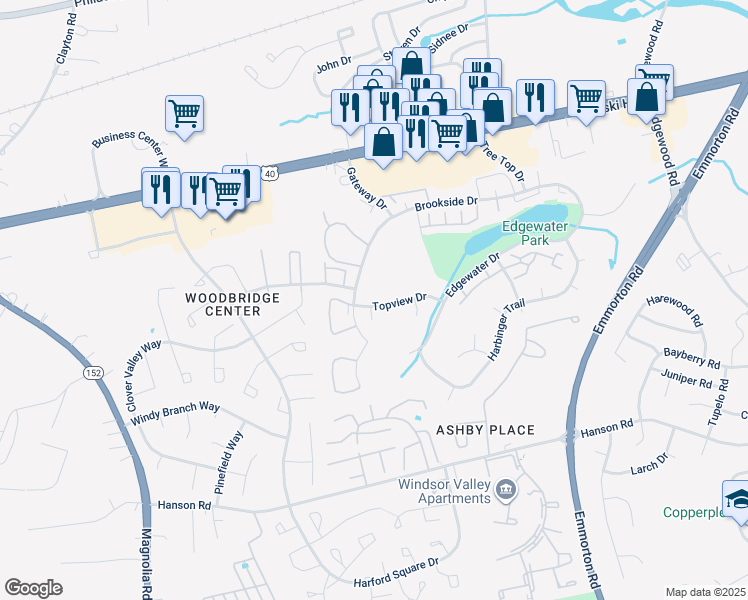 map of restaurants, bars, coffee shops, grocery stores, and more near 977 Topview Drive in Edgewood