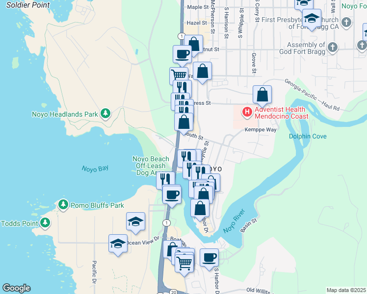 map of restaurants, bars, coffee shops, grocery stores, and more near 521 Casa Del Noyo in Fort Bragg
