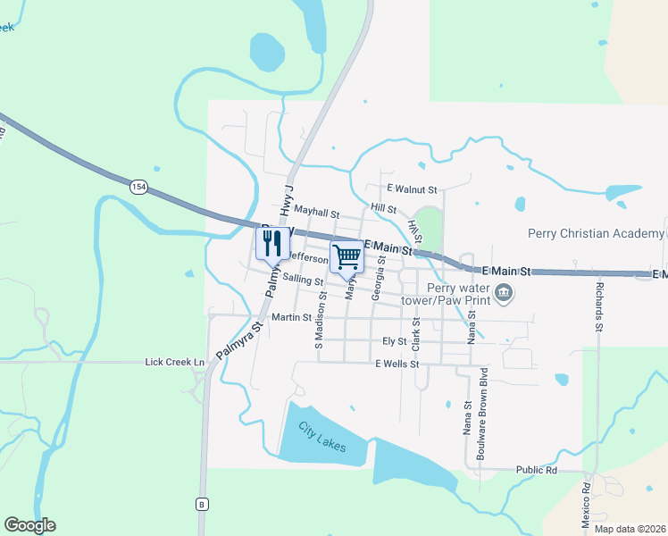 map of restaurants, bars, coffee shops, grocery stores, and more near 304 Salling Street in Perry