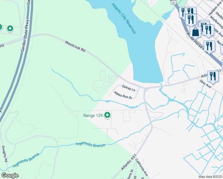 map of restaurants, bars, coffee shops, grocery stores, and more near 52 West Delray Lane in Absecon