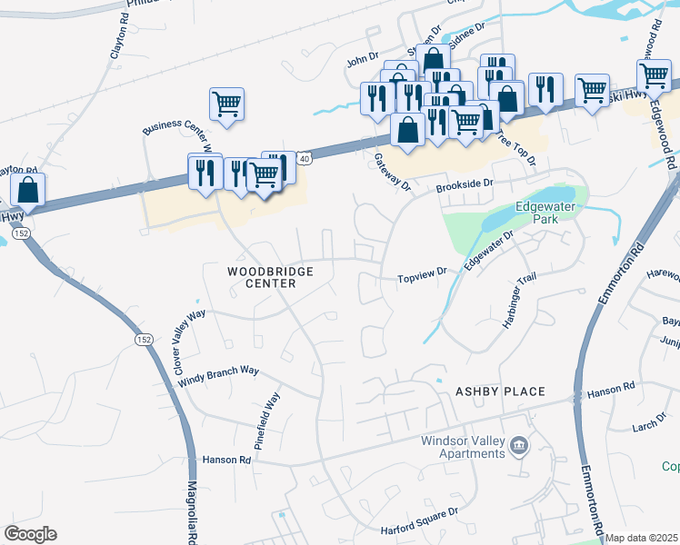 map of restaurants, bars, coffee shops, grocery stores, and more near 1309 Clover Valley Way in Edgewood