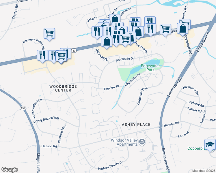 map of restaurants, bars, coffee shops, grocery stores, and more near 961 Topview Drive in Edgewood