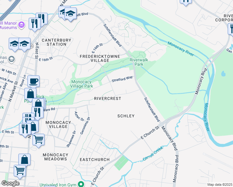 map of restaurants, bars, coffee shops, grocery stores, and more near 419 Mohican Drive in Frederick