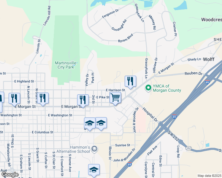map of restaurants, bars, coffee shops, grocery stores, and more near 1709 East Harrison Street in Martinsville