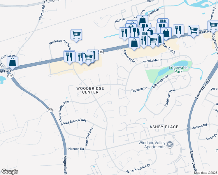 map of restaurants, bars, coffee shops, grocery stores, and more near 1304 Clover Valley Way in Edgewood