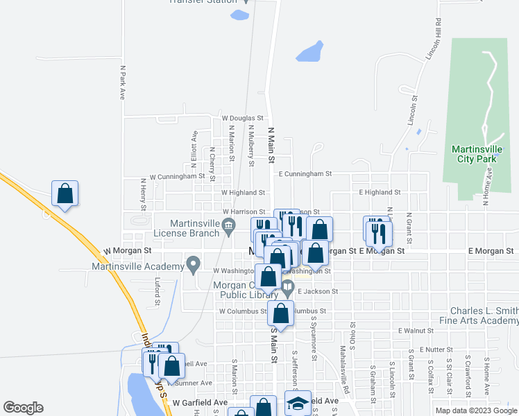 map of restaurants, bars, coffee shops, grocery stores, and more near 60 West Harrison Street in Martinsville