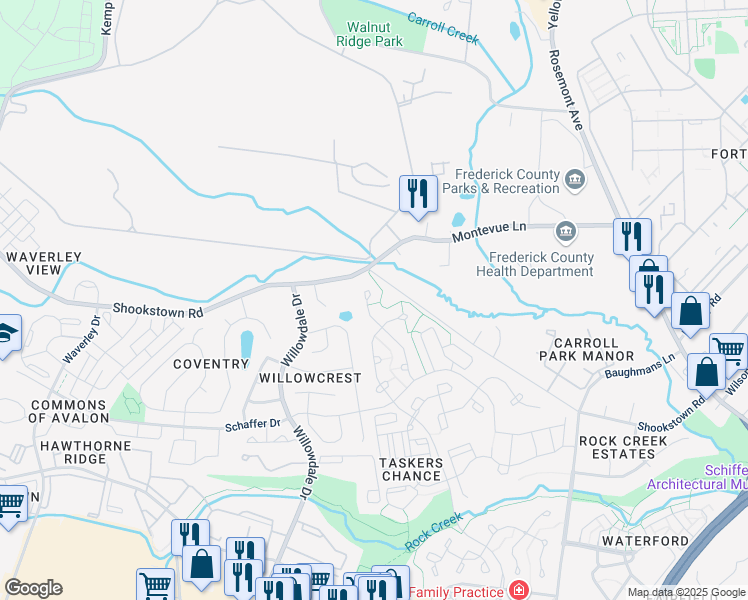 map of restaurants, bars, coffee shops, grocery stores, and more near 1026 Bexhill Drive in Frederick