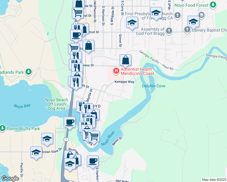 map of restaurants, bars, coffee shops, grocery stores, and more near 800-844 River Drive in Fort Bragg