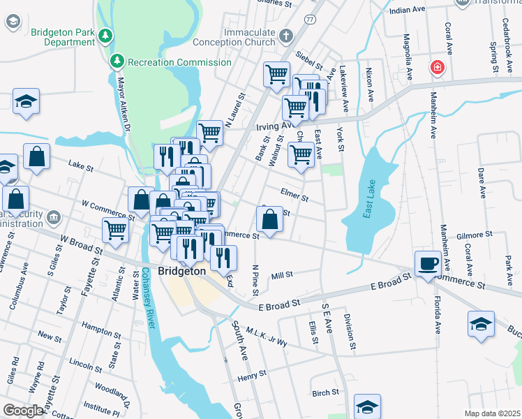 map of restaurants, bars, coffee shops, grocery stores, and more near 68 Walnut Street in Bridgeton