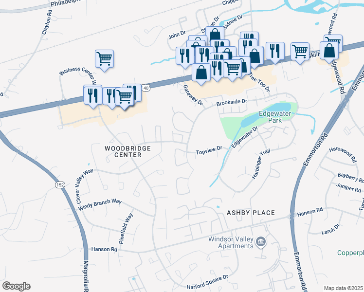 map of restaurants, bars, coffee shops, grocery stores, and more near 1703 Fountain Rock Way in Edgewood