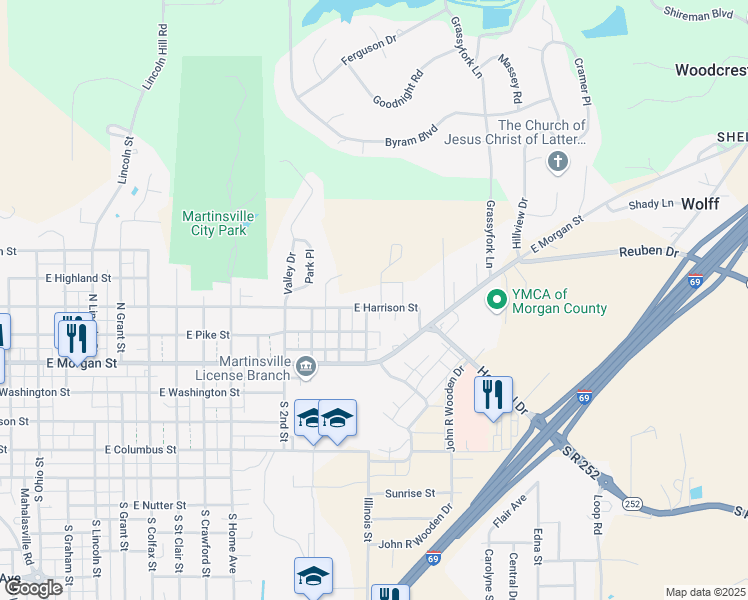 map of restaurants, bars, coffee shops, grocery stores, and more near 1612 East Harrison Street in Martinsville