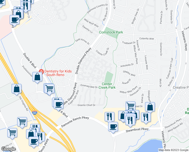 map of restaurants, bars, coffee shops, grocery stores, and more near 1715 Burwood Circle in Reno