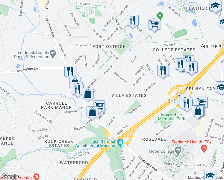 map of restaurants, bars, coffee shops, grocery stores, and more near 520 Lee Place in Frederick