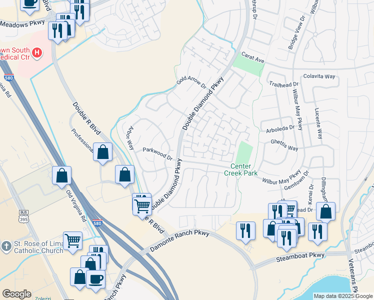 map of restaurants, bars, coffee shops, grocery stores, and more near 1609 Rocky Cove Lane in Reno