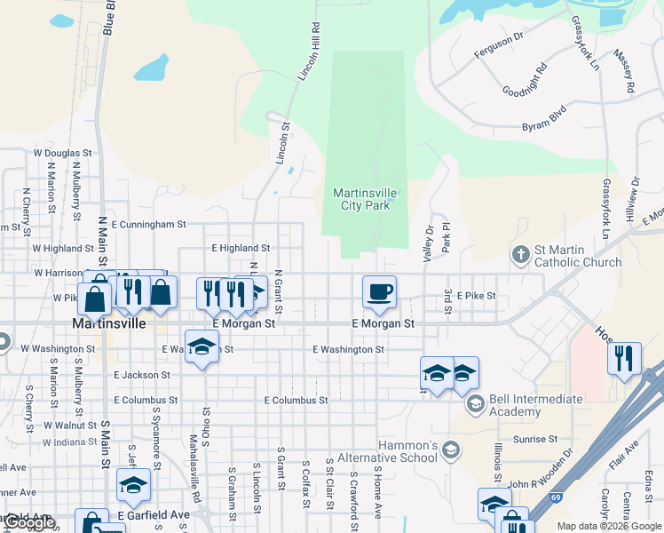 map of restaurants, bars, coffee shops, grocery stores, and more near 390 North Street Clair Street in Martinsville