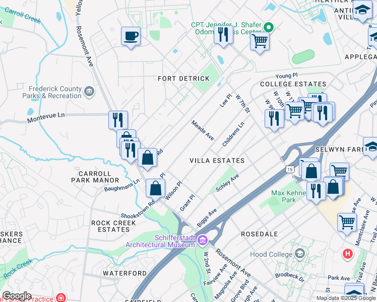 map of restaurants, bars, coffee shops, grocery stores, and more near 520 Lee Place in Frederick