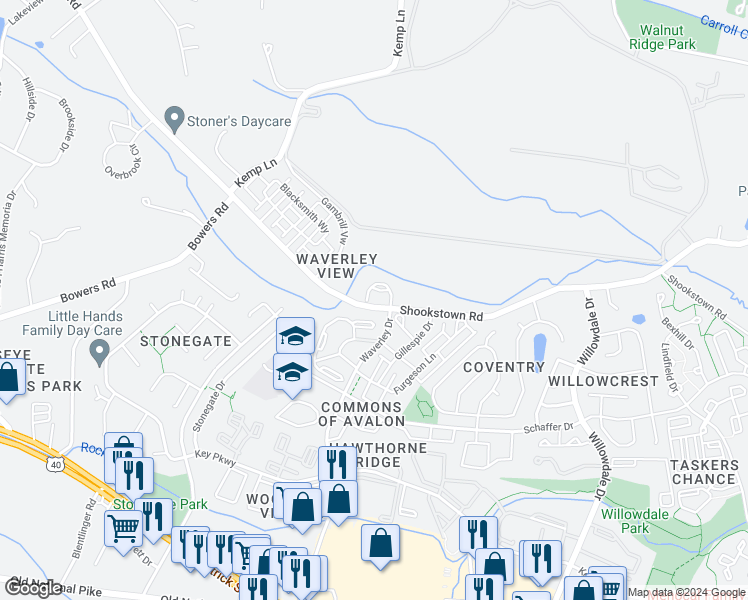 map of restaurants, bars, coffee shops, grocery stores, and more near 738 Tatum Court in Frederick