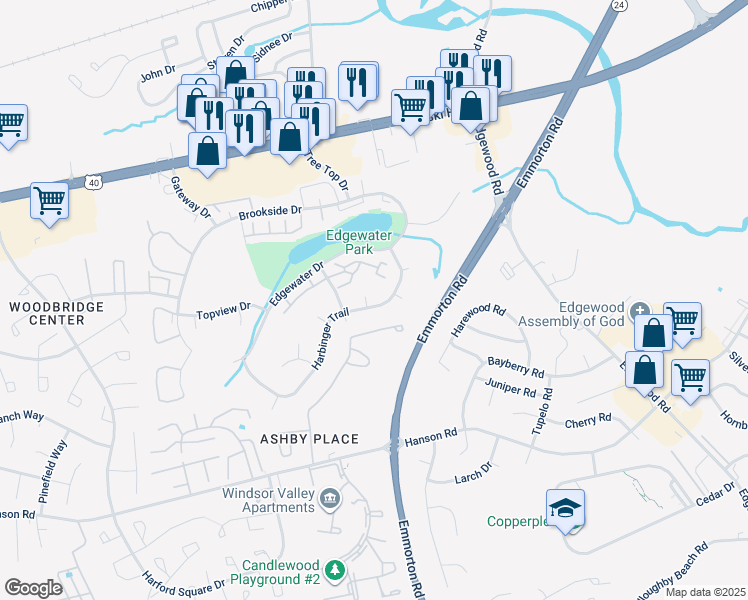 map of restaurants, bars, coffee shops, grocery stores, and more near 801 Melody Court in Edgewood