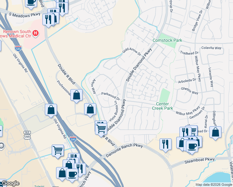 map of restaurants, bars, coffee shops, grocery stores, and more near 1320 South Fox Glen Court in Reno