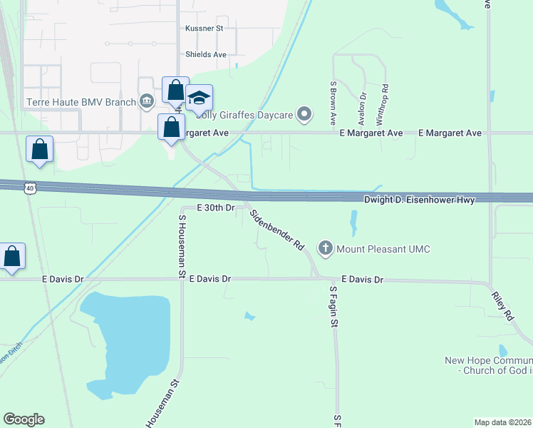 map of restaurants, bars, coffee shops, grocery stores, and more near Interstate 70 in Terre Haute