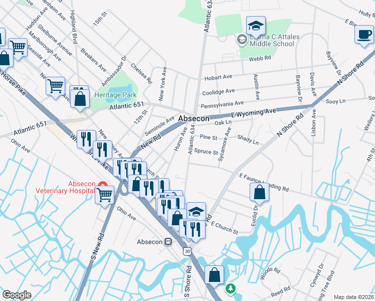 map of restaurants, bars, coffee shops, grocery stores, and more near 246 Huron Avenue in Absecon