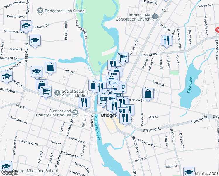 map of restaurants, bars, coffee shops, grocery stores, and more near 10 Church Lane in Bridgeton