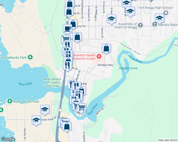 map of restaurants, bars, coffee shops, grocery stores, and more near 895 River Drive in Fort Bragg