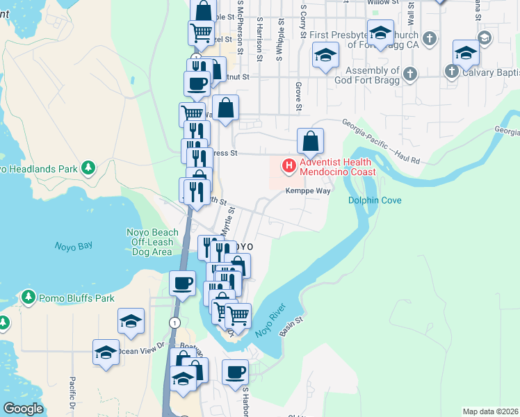 map of restaurants, bars, coffee shops, grocery stores, and more near 895 River Drive in Fort Bragg