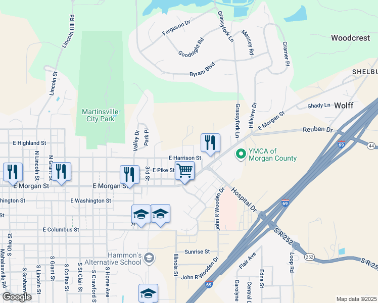 map of restaurants, bars, coffee shops, grocery stores, and more near 1709 East Harrison Street in Martinsville