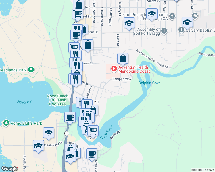 map of restaurants, bars, coffee shops, grocery stores, and more near 800-844 River Drive in Fort Bragg