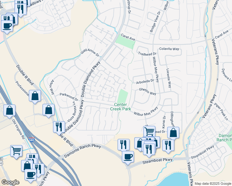 map of restaurants, bars, coffee shops, grocery stores, and more near 10482 Gold Trail Drive in Reno