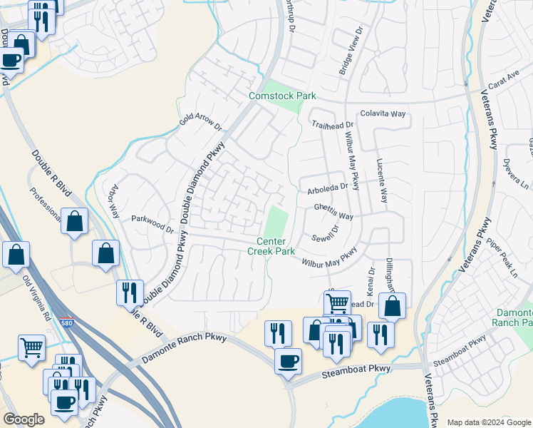 map of restaurants, bars, coffee shops, grocery stores, and more near 10462 Gold Trail Drive in Reno