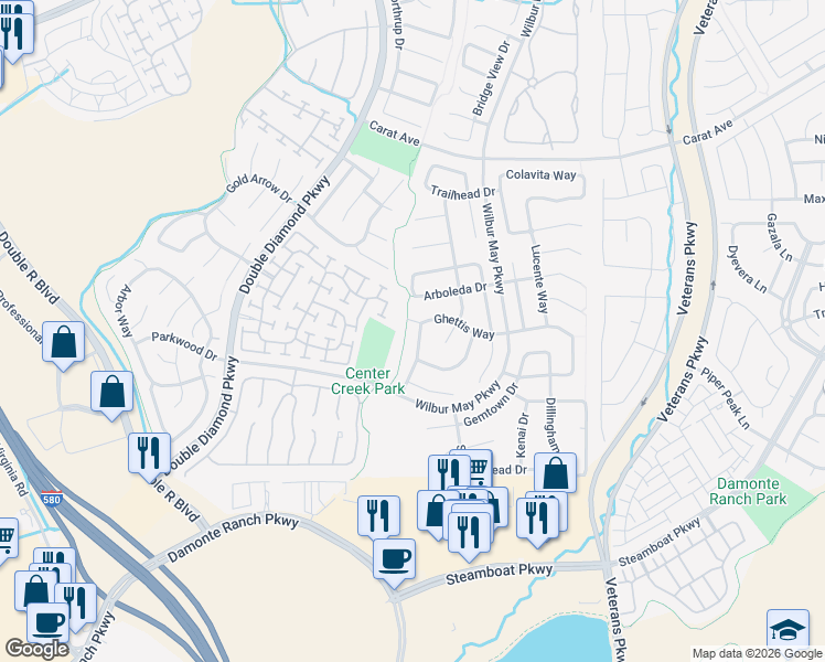 map of restaurants, bars, coffee shops, grocery stores, and more near 10415 Chantilly Way in Reno