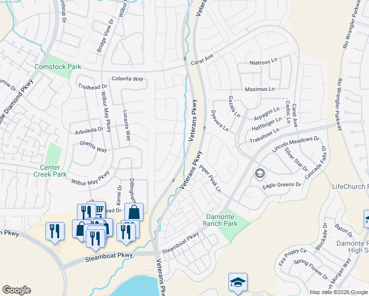 map of restaurants, bars, coffee shops, grocery stores, and more near 10240 Rollins Drive in Reno