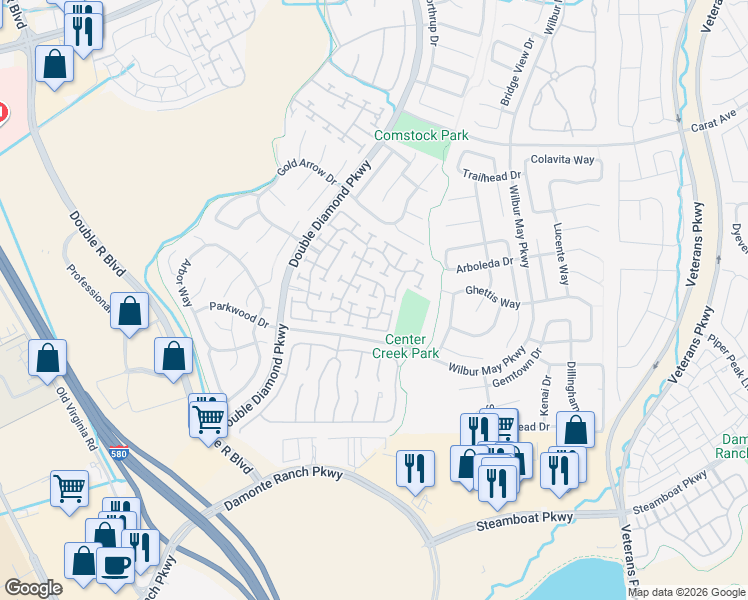 map of restaurants, bars, coffee shops, grocery stores, and more near 1751 Burwood Circle in Reno