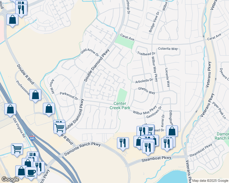 map of restaurants, bars, coffee shops, grocery stores, and more near 14954 Burwood Creek in Reno
