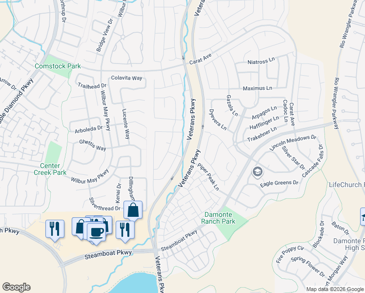 map of restaurants, bars, coffee shops, grocery stores, and more near 10240 Rollins Drive in Reno