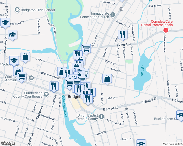 map of restaurants, bars, coffee shops, grocery stores, and more near 67 Washington Street in Bridgeton