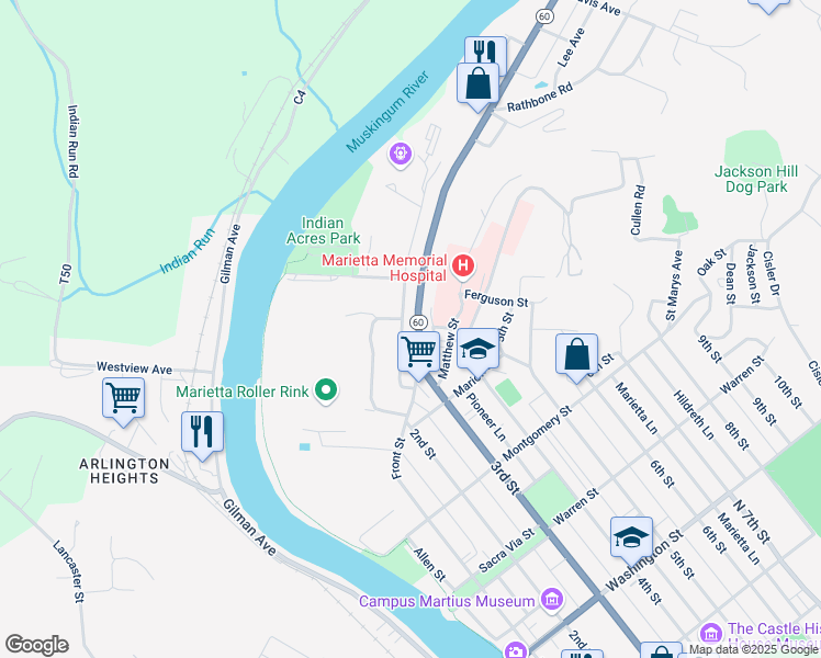map of restaurants, bars, coffee shops, grocery stores, and more near 127 Muskingum Drive in Marietta