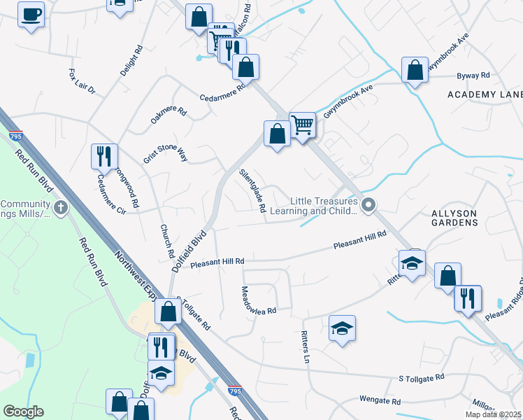 map of restaurants, bars, coffee shops, grocery stores, and more near 1143 Silentglade Road in Owings Mills
