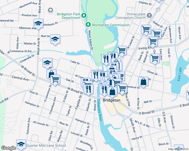 map of restaurants, bars, coffee shops, grocery stores, and more near 23 Franklin Drive in Bridgeton