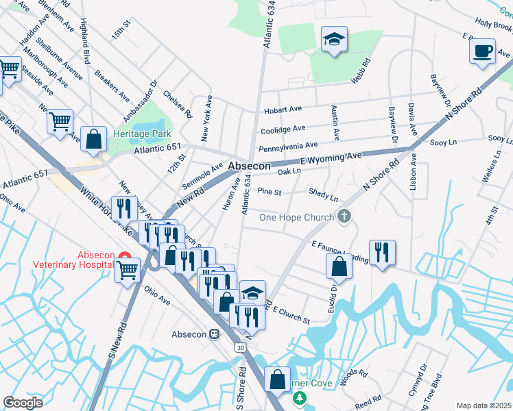 map of restaurants, bars, coffee shops, grocery stores, and more near 320 Spruce Street in Absecon