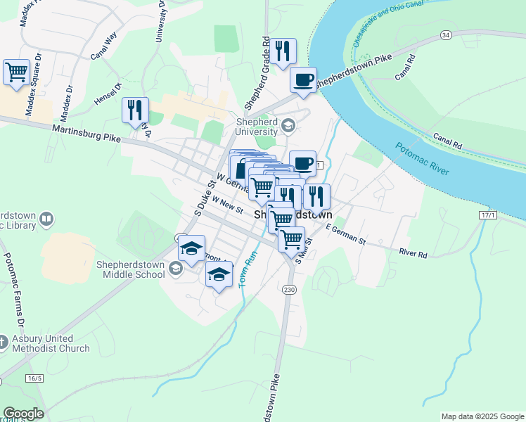 map of restaurants, bars, coffee shops, grocery stores, and more near 105 South King Street in Shepherdstown
