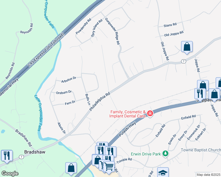 map of restaurants, bars, coffee shops, grocery stores, and more near 302 Philadelphia Road in Harford County