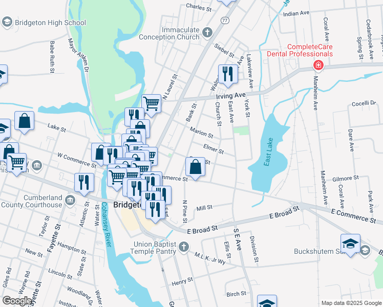 map of restaurants, bars, coffee shops, grocery stores, and more near 68 Walnut Street in Bridgeton