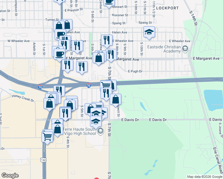 map of restaurants, bars, coffee shops, grocery stores, and more near 3200 South 7th Street in Terre Haute